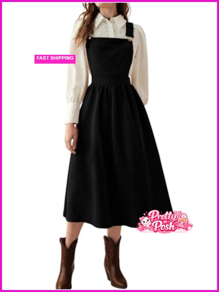 Women's Corduroy Overall Dress Adjustable Strap A Line Midi Jumper